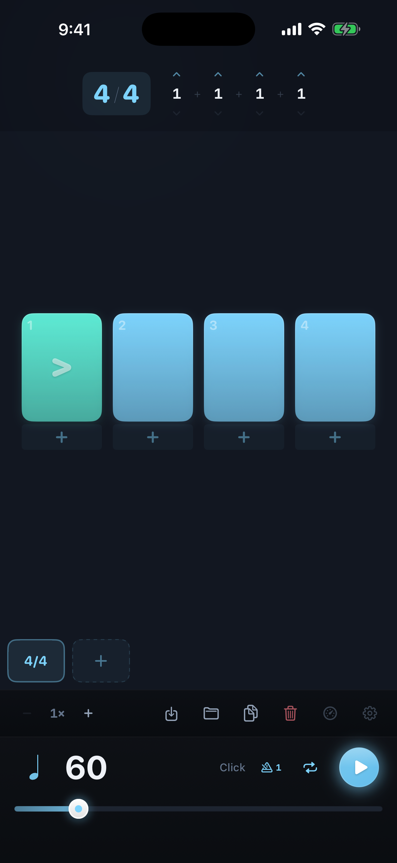 The Groove Lab tempo trainer on iPhone: a start tempo, a target tempo, and how much the click speeds up each time round.