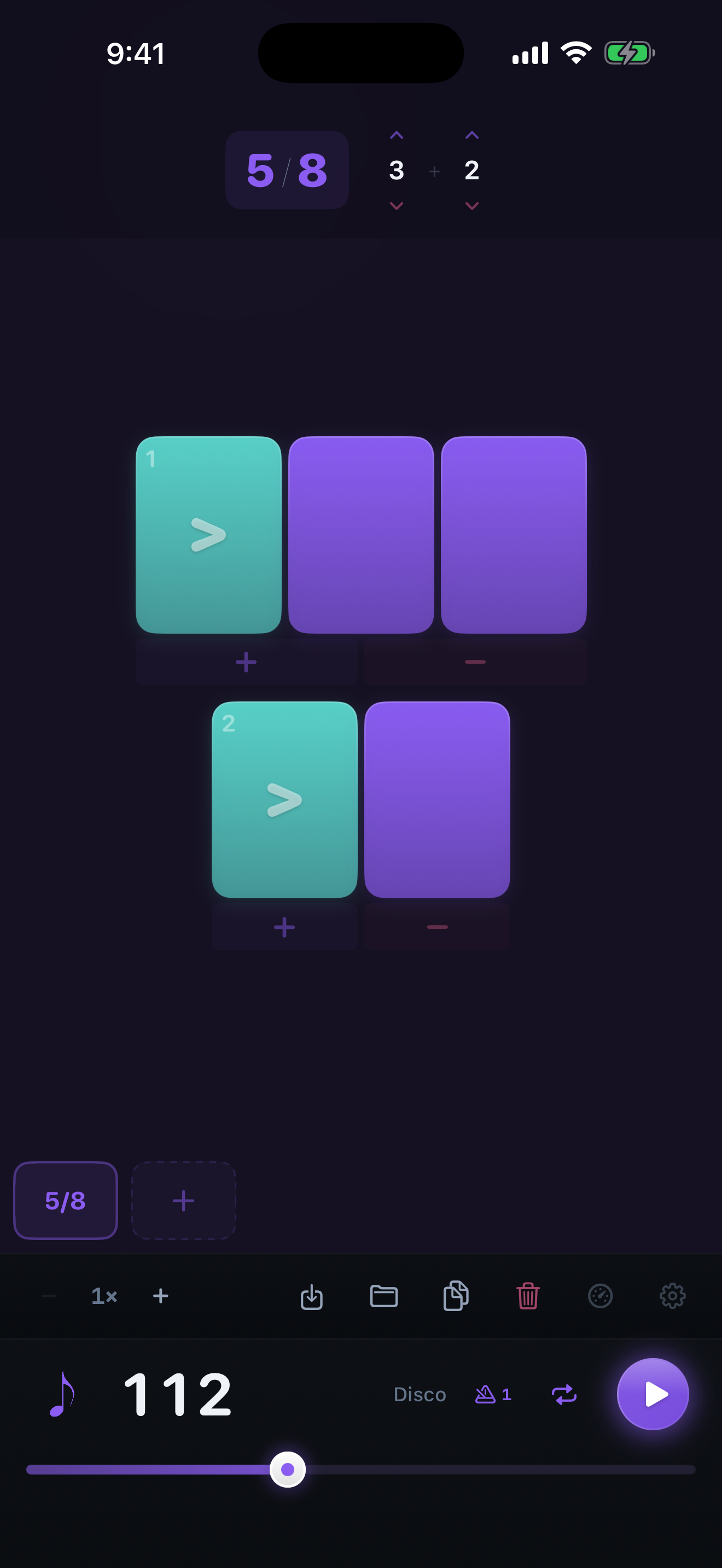 The Groove Lab sound sheet on iPhone, with the eight profiles listed and one of the drum kits selected.